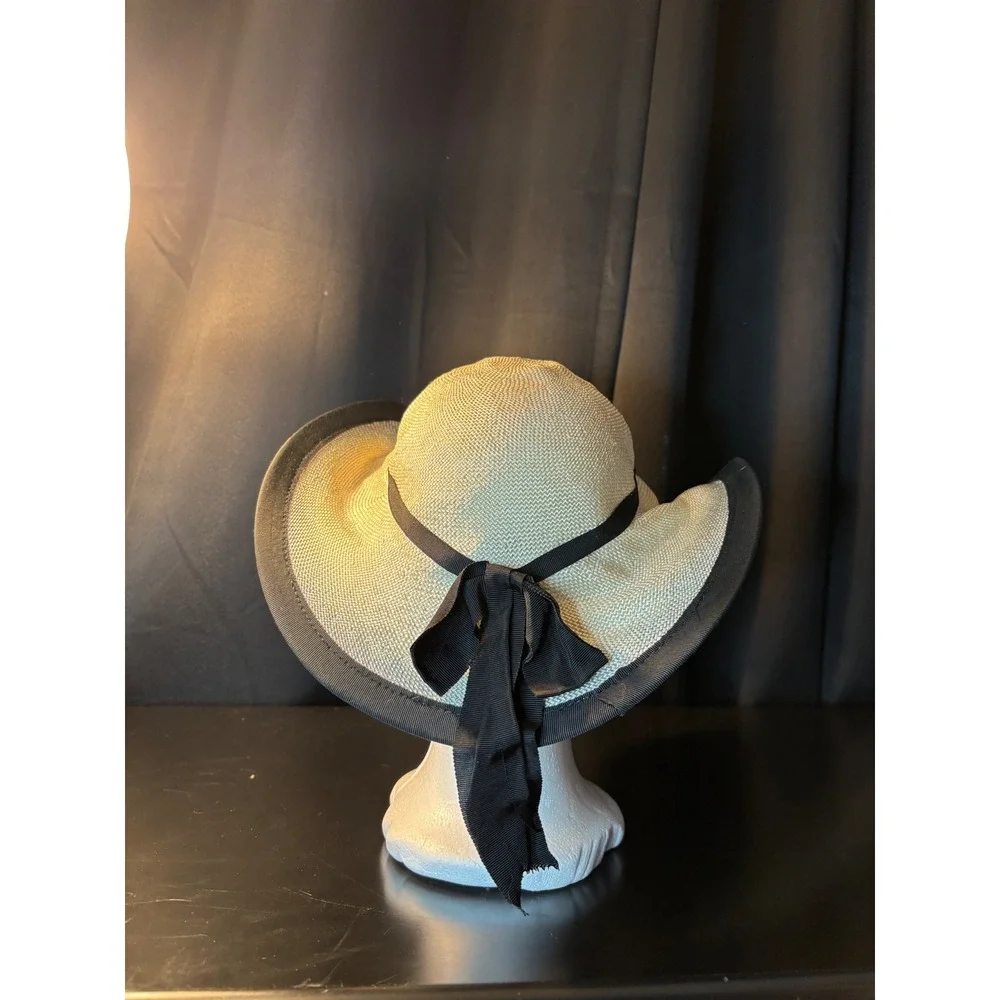 Woven Straw Sun Hat Wide Brim Cream Black Grosgrain Ribbon Bow Chin Strap